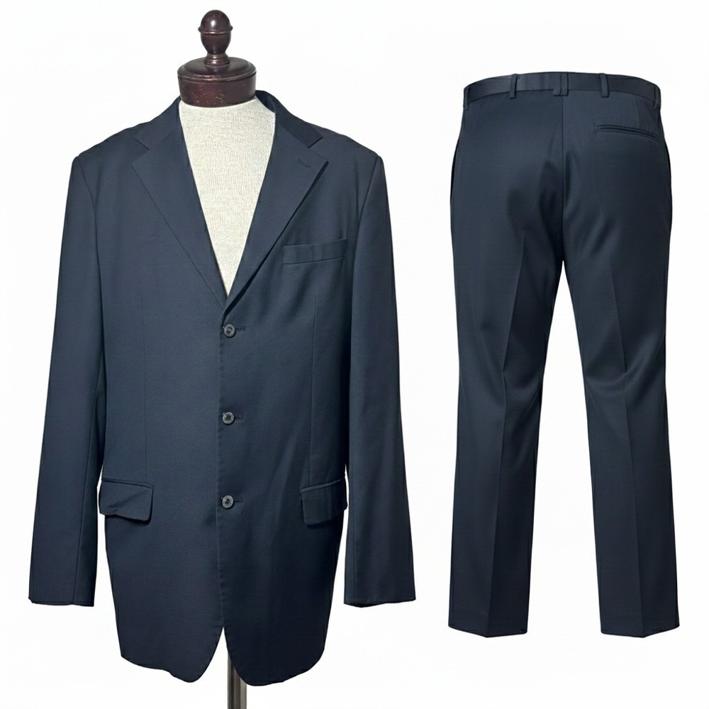 Custom Tailored Wool Suit Navy Solid 3-Button Bespoke Fancy Worsted Suiting 48L‎